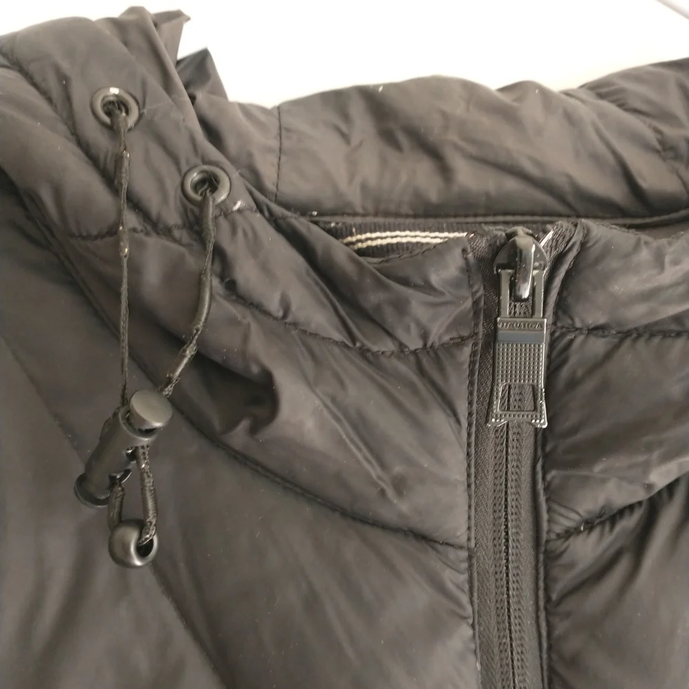 Nautica Puffer Jacket Mens M Black Outdoors Full Zip Quilted Hooded*READ